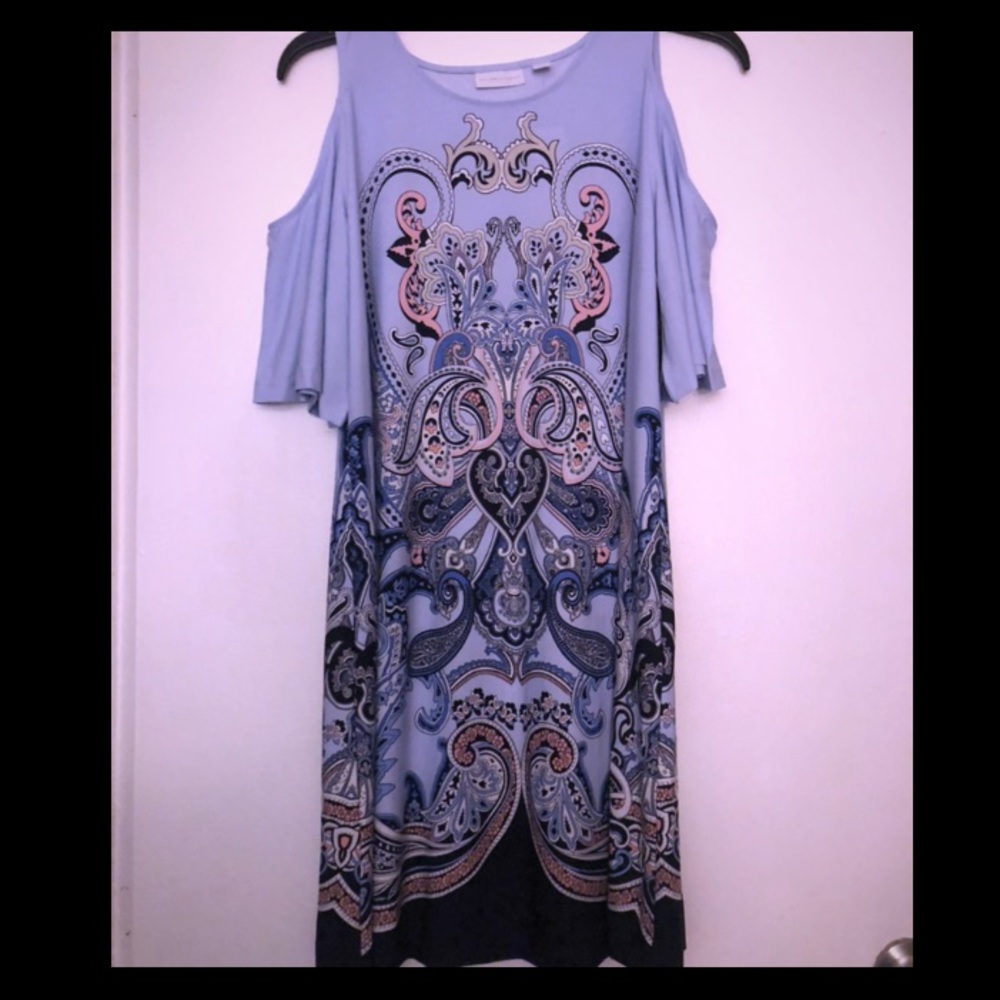 Blue pattered peekaboo shoulder dress
